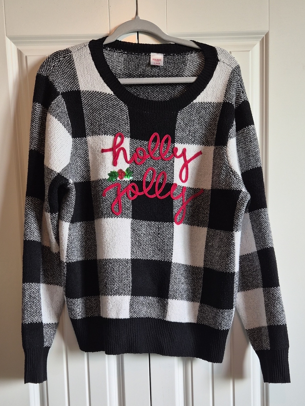 Holiday Time 'Holly Jolly' Black & White Buffalo Check Sweater